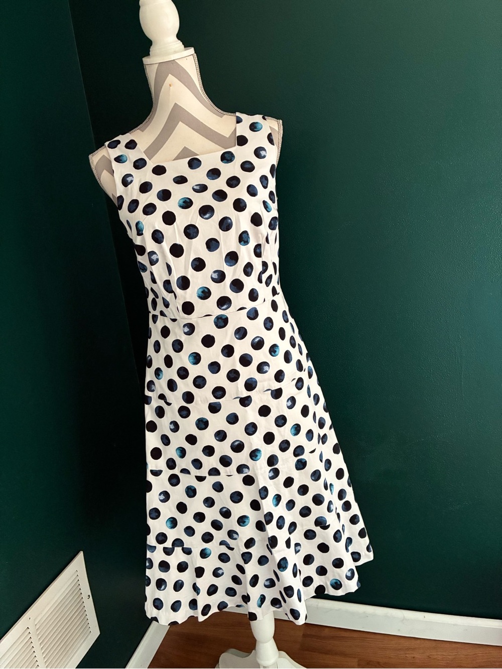 Talbot’s Classic White Polka Dot A-Line Dress. The navy dots are blueberries!